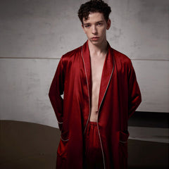 Ensemble Peignoir en Soie Pure avec Piping Contrasté et Ceinture