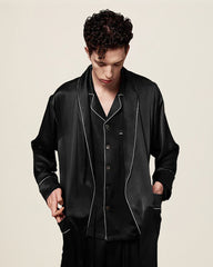 Ensemble Peignoir en Soie Pure avec Piping Contrasté et Ceinture