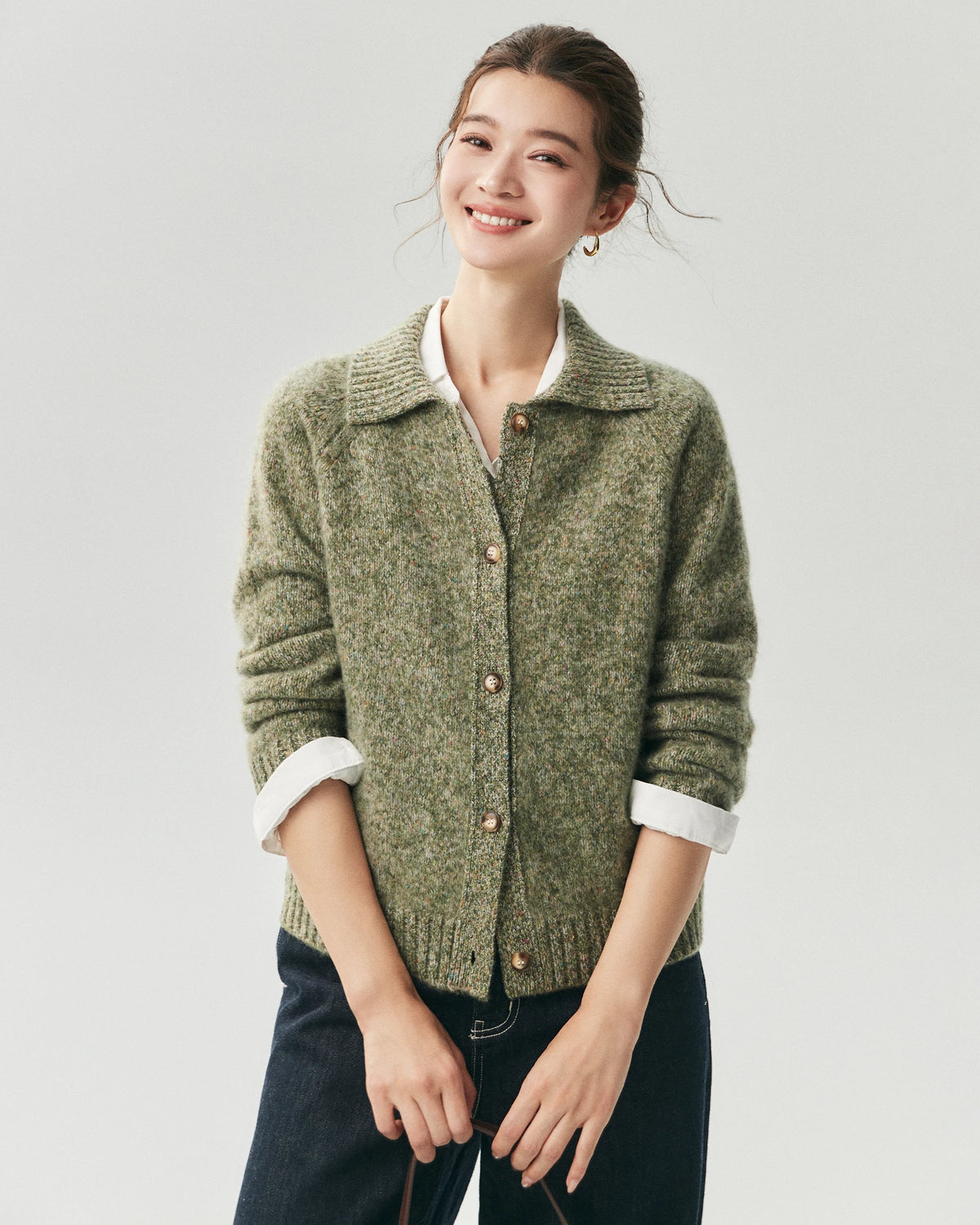 Cardigan en 100 % cachemire à col avec motif moucheté