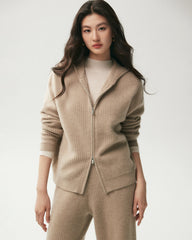 Cardigan zippé à capuche en 100 % cachemire côtelé