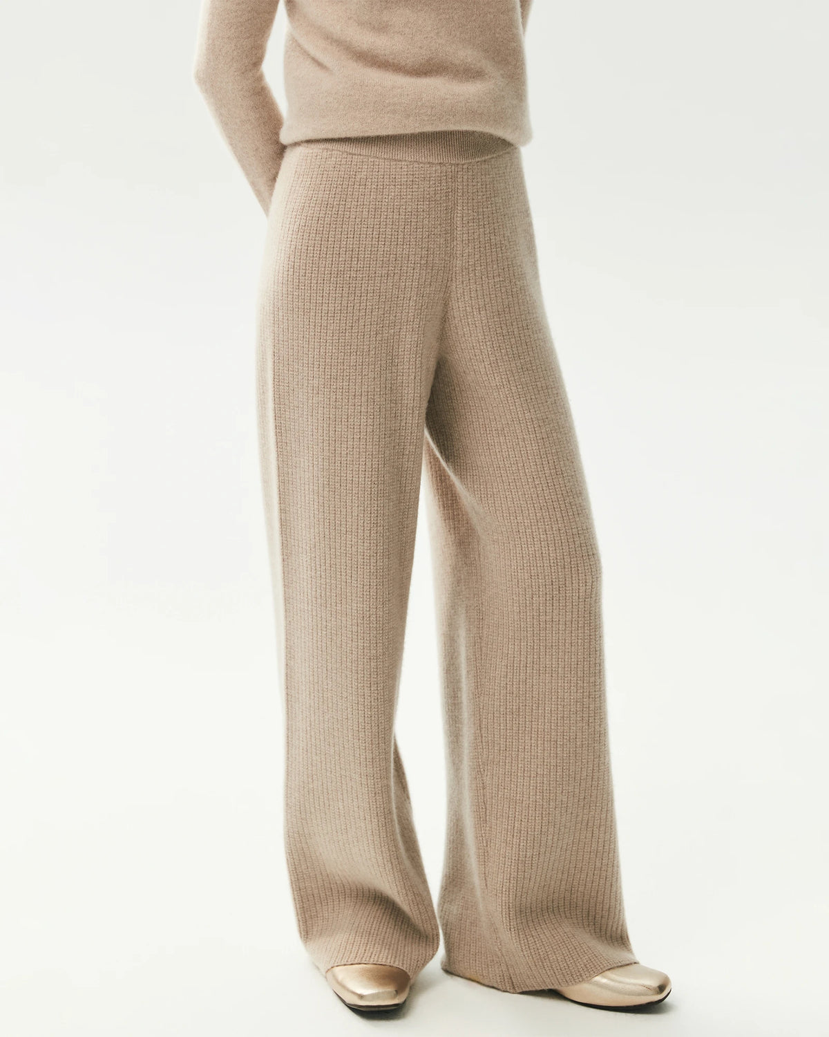 Pantalon large en maille côtelée 100 % cachemire