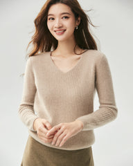 Pull en 100 % cachemire à col V en maille côtelée