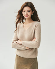 Pull en 100 % cachemire à col V en maille côtelée