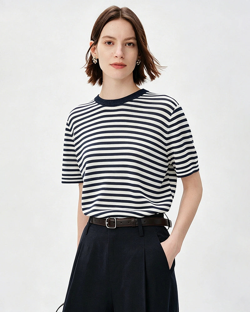 T-shirt en jersey 100% soie de mûrier à rayures
