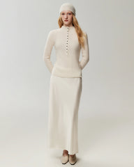 Top ajusté en maille 100 % pur cachemire avec poignets boutonnés