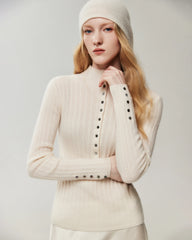 Top ajusté en maille 100 % pur cachemire avec poignets boutonnés