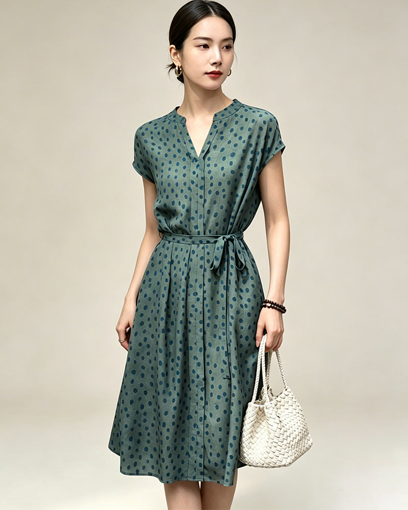 Robe en soie 19 mommes coupe A avec ceinture et pois