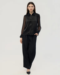 Chemise noire en soie 19 mommes avec manches en georgette transparente