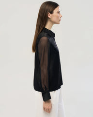 Chemise noire en soie 19 mommes avec manches en georgette transparente