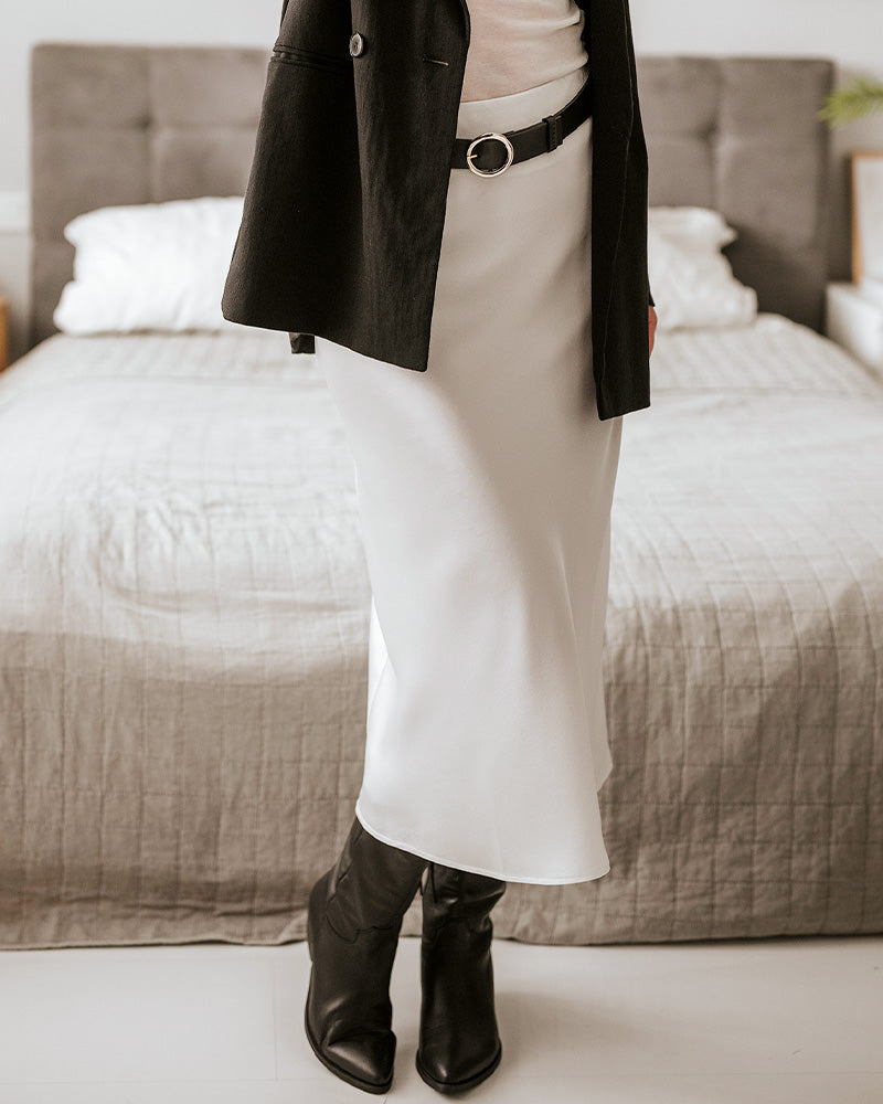 Jupe Midi en Soie Polyvalente avec Taille Élastiquée Ivory