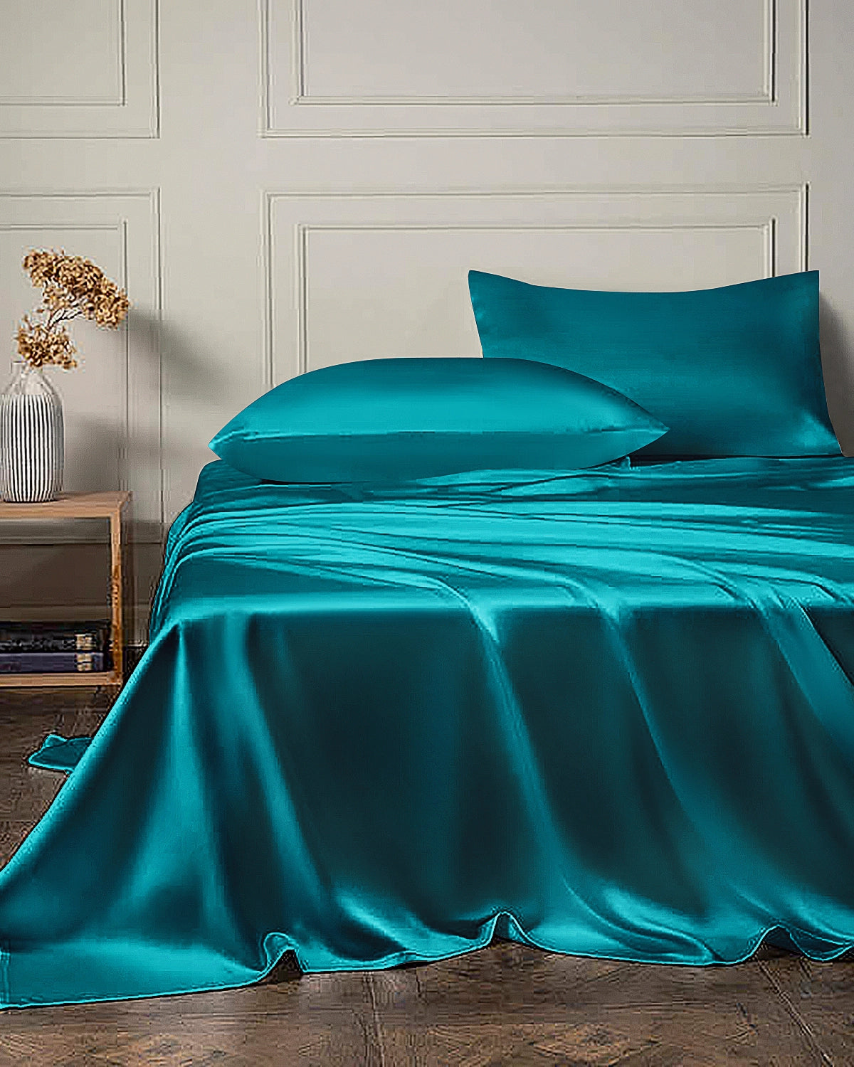 Parure de lit 4 pièces en satin de soie,Drap Housse 153*203+30cm - Drap Plat 2 Personne 228 x 259 cm - 2 Taie d'oreiller 50x76cm,F - Maison Parure de lit 4 pièces en satin de soie,Drap Housse 153*203+30cm - Drap Plat 2 Personne 228 x 259 cm - 2 Taie d'oreiller 50x76cm,F - Maison