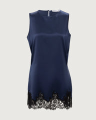 Robe courte en soie bleu marine 22 momme avec ourlet en dentelle