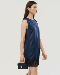 Robe courte en soie bleu marine 22 momme avec ourlet en dentelle