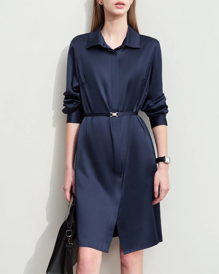 Robe midi en soie 22 momme avec ceinture et manches longues
