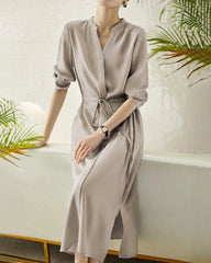 Robe chemise midi en soie 30 momme à cordon de serrage