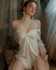 Chemise de Nuit en Soie à Épaules Dégagées et Bandes Cristal