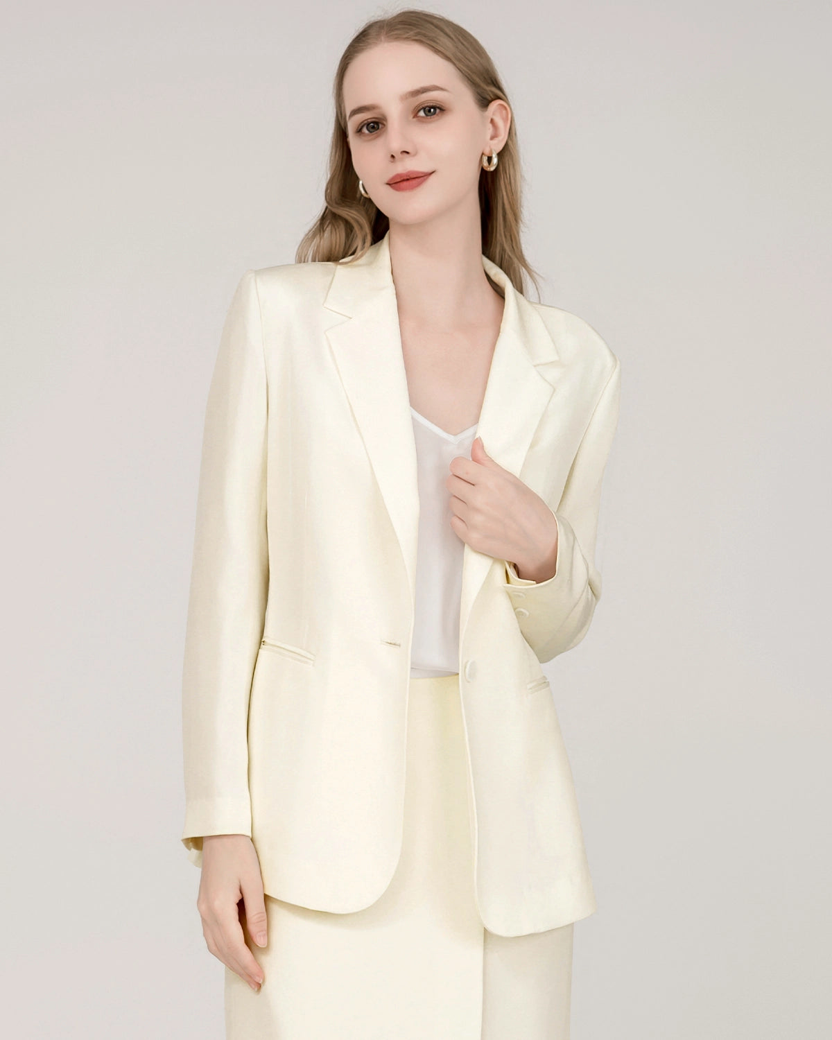 Blazer en Soie à Col Piqué 40 Momme Cream