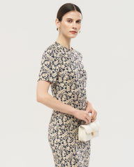 Robe midi en soie imprimée gypsophile à manches courtes