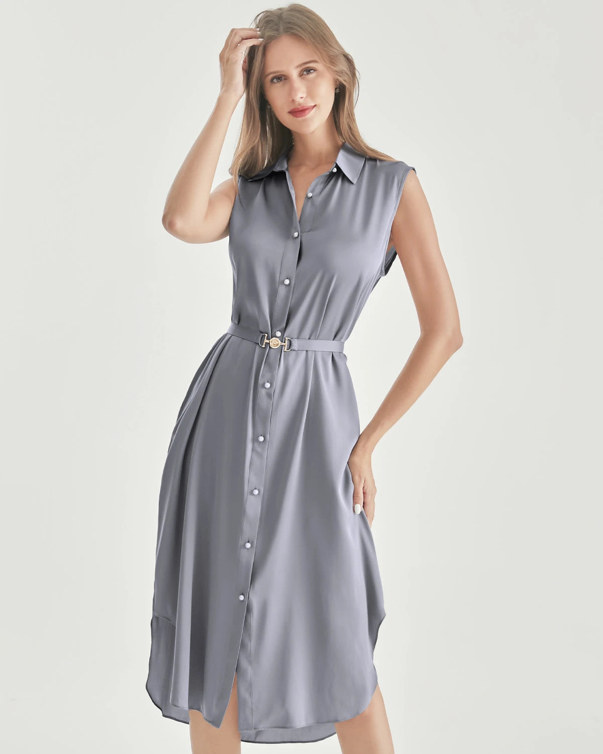 Robe Chemise Sans Manches en Soie Ceinturée