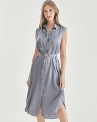 Robe Chemise Sans Manches en Soie Ceinturée