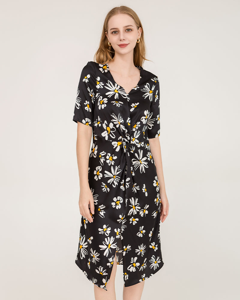 Robe Midi en Soie à Imprimé Marguerite et Col V à Manches Courtes