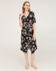 Robe Midi en Soie à Imprimé Marguerite et Col V à Manches Courtes