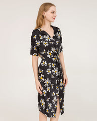 Robe Midi en Soie à Imprimé Marguerite et Col V à Manches Courtes