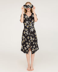 Robe Midi en Soie à Imprimé Marguerite et Col V à Manches Courtes