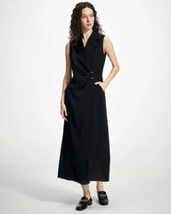 Robe midi noire en soie style blazer portefeuille