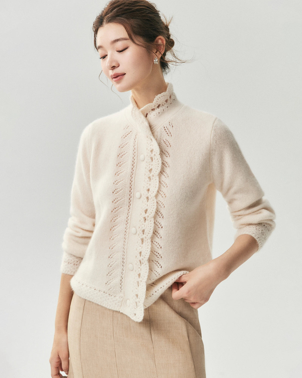 Cardigan en cachemire et soie en maille ajourée