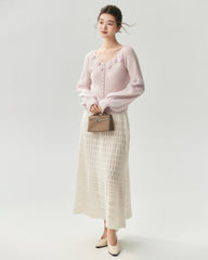 Cardigan en cachemire et soie côtelé à col V avec motif floral