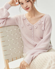Cardigan en cachemire et soie côtelé à col V avec motif floral