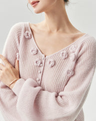 Cardigan en cachemire et soie côtelé à col V avec motif floral