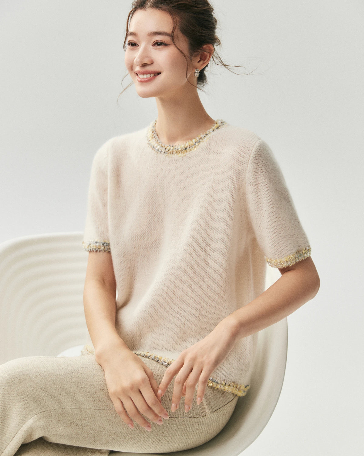Top et cardigan en cachemire et soie avec finition tweed