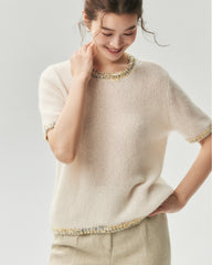 Top et cardigan en cachemire et soie avec finition tweed