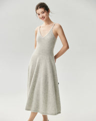 Robe longue en cachemire et soie à col V et coupe trapèze