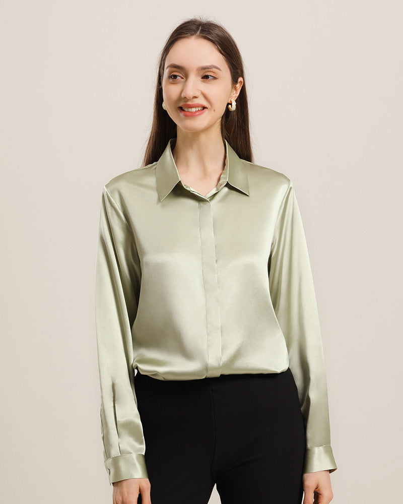 Chemise en Soie 22 Momme avec Boutons Cachés pour Femme Avocado Green