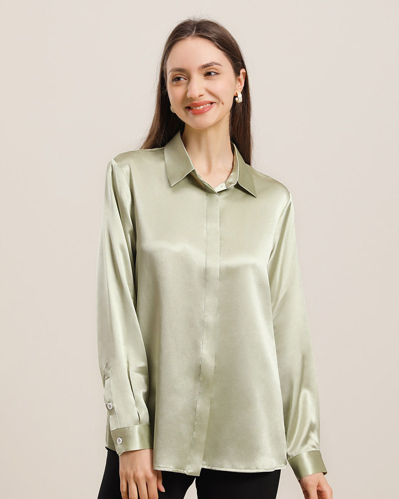 Chemise en Soie 22 Momme avec Boutons Cachés pour Femme Avocado Green
