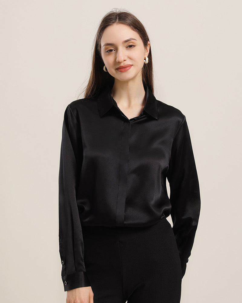 Chemise en Soie 22 Momme avec Boutons Cachés pour Femme Black