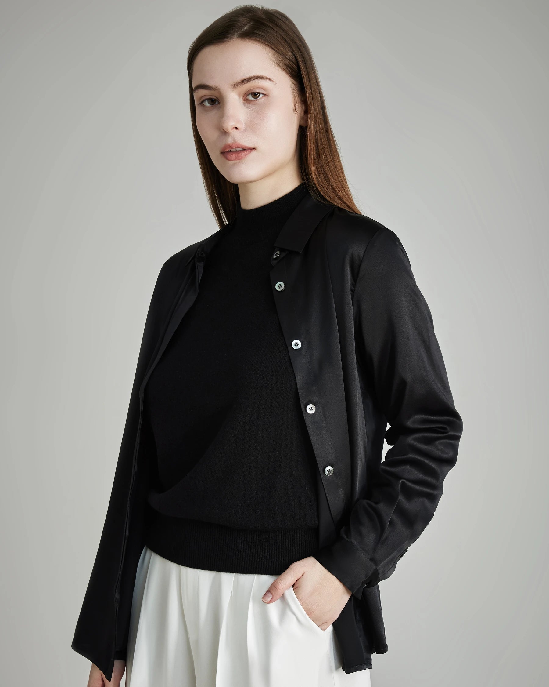 Chemise en Soie 22 Momme avec Boutons Cachés pour Femme Black