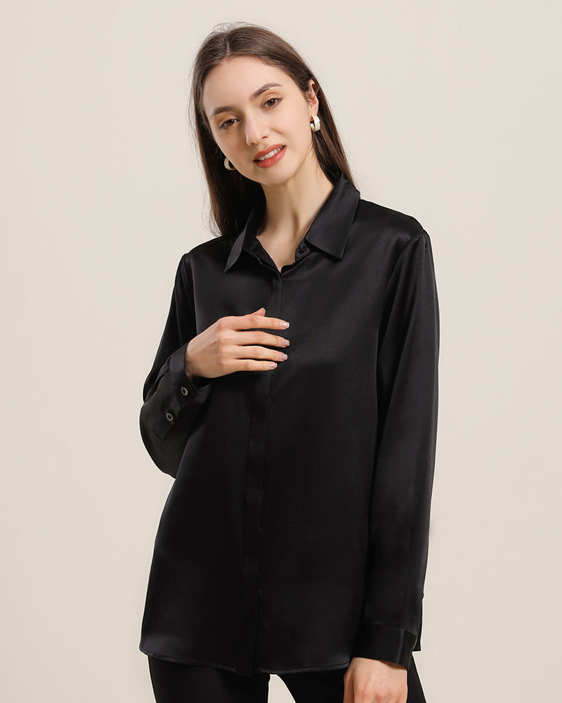 Chemise en Soie 22 Momme avec Boutons Cachés pour Femme Black