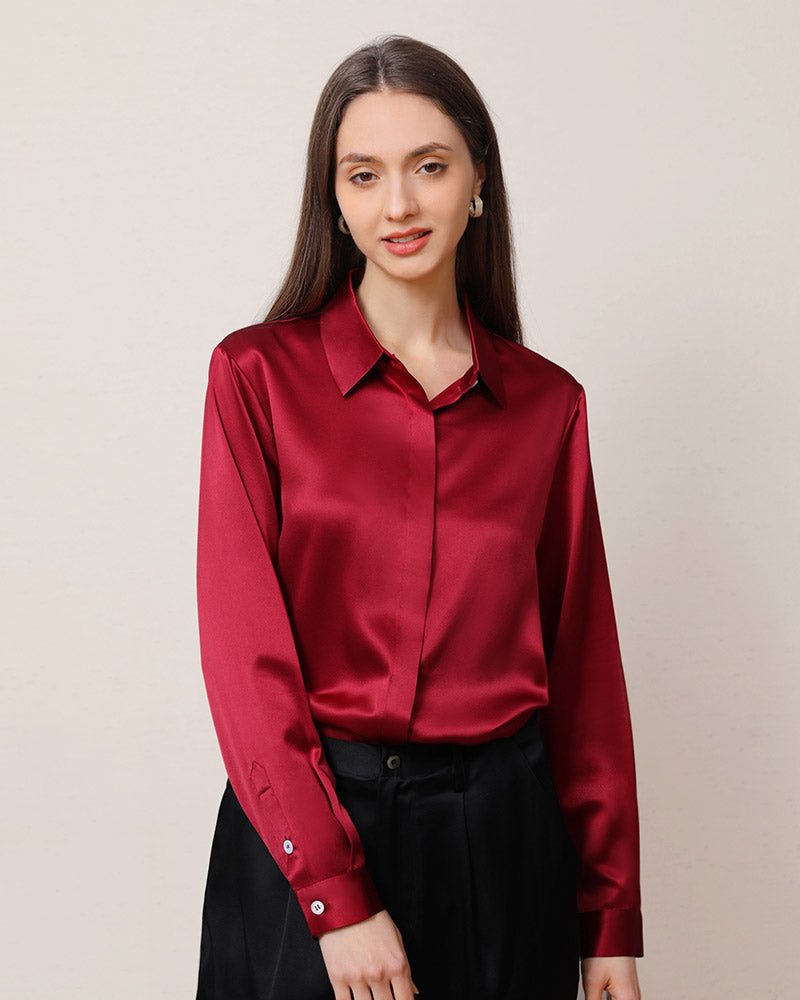 Chemise en Soie 22 Momme avec Boutons Cachés pour Femme Burgundy