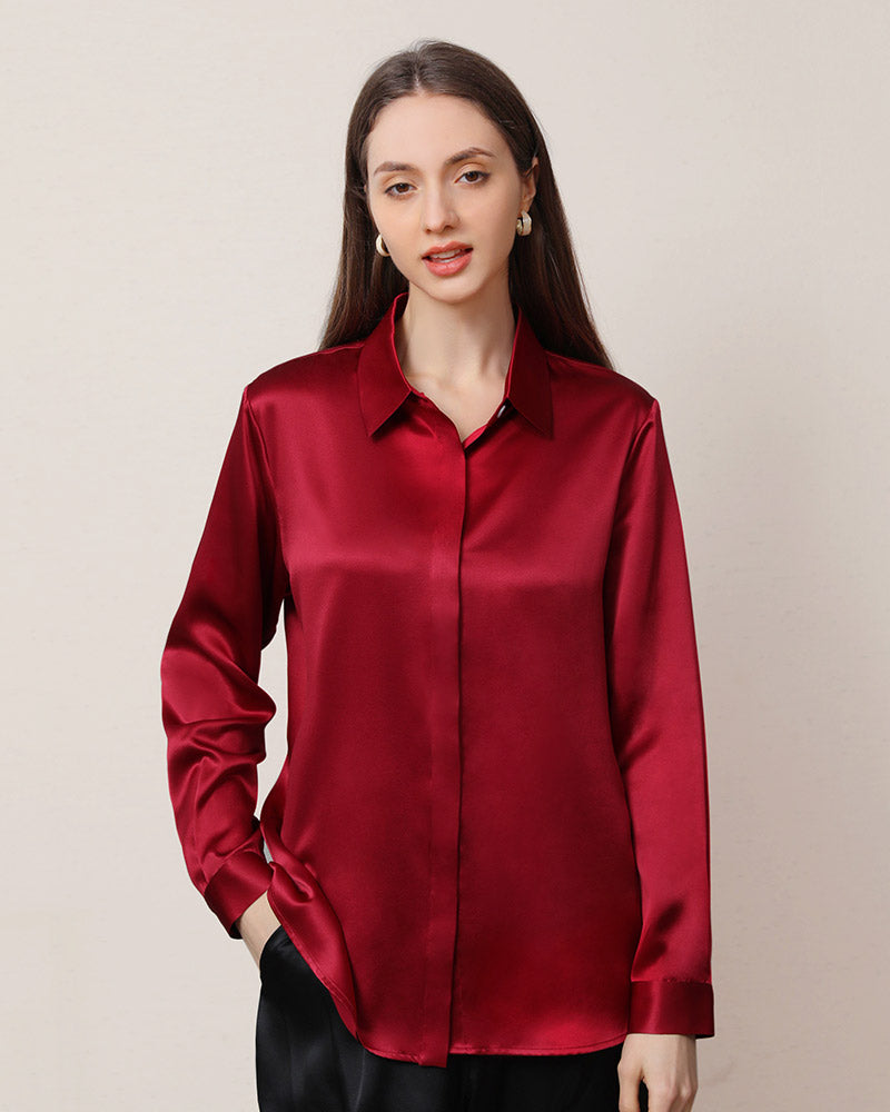 Chemise en Soie 22 Momme avec Boutons Cachés pour Femme Burgundy