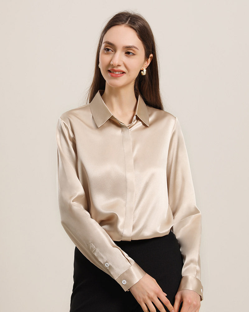 Chemise en Soie 22 Momme avec Boutons Cachés pour Femme Champagne