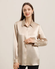 Chemise en Soie 22 Momme avec Boutons Cachés pour Femme Champagne