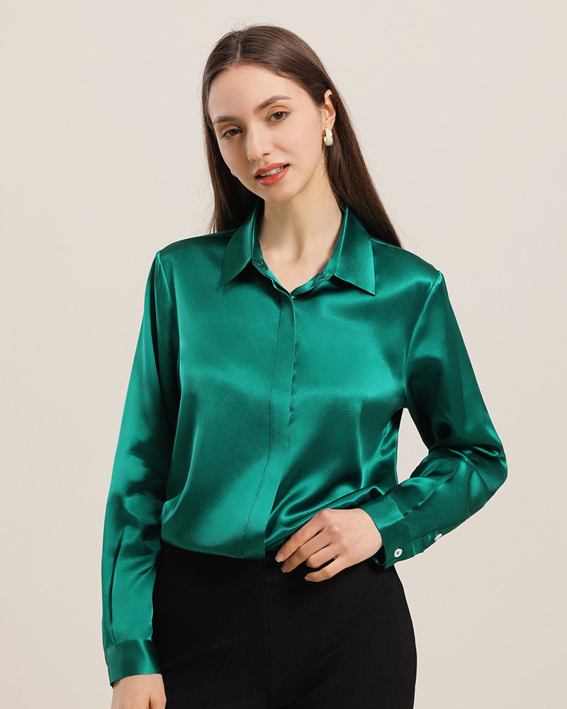 Chemise en Soie 22 Momme avec Boutons Cachés pour Femme Dark Green