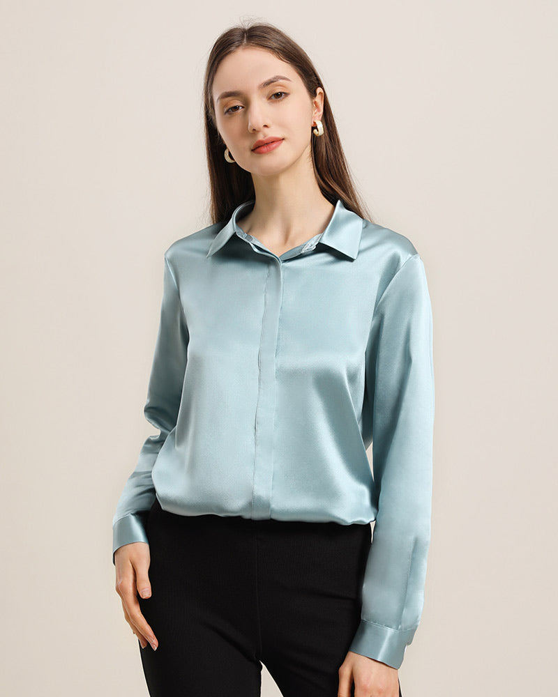 Chemise en Soie 22 Momme avec Boutons Cachés pour Femme Haze Blue