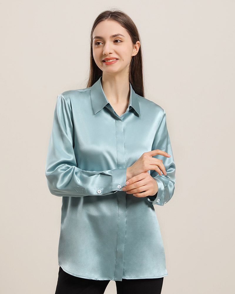 Chemise en Soie 22 Momme avec Boutons Cachés pour Femme Haze Blue