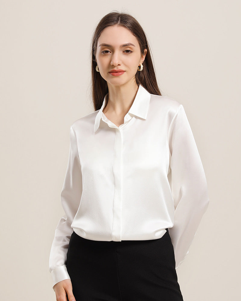 Chemise en Soie 22 Momme avec Boutons Cachés pour Femme Ivory