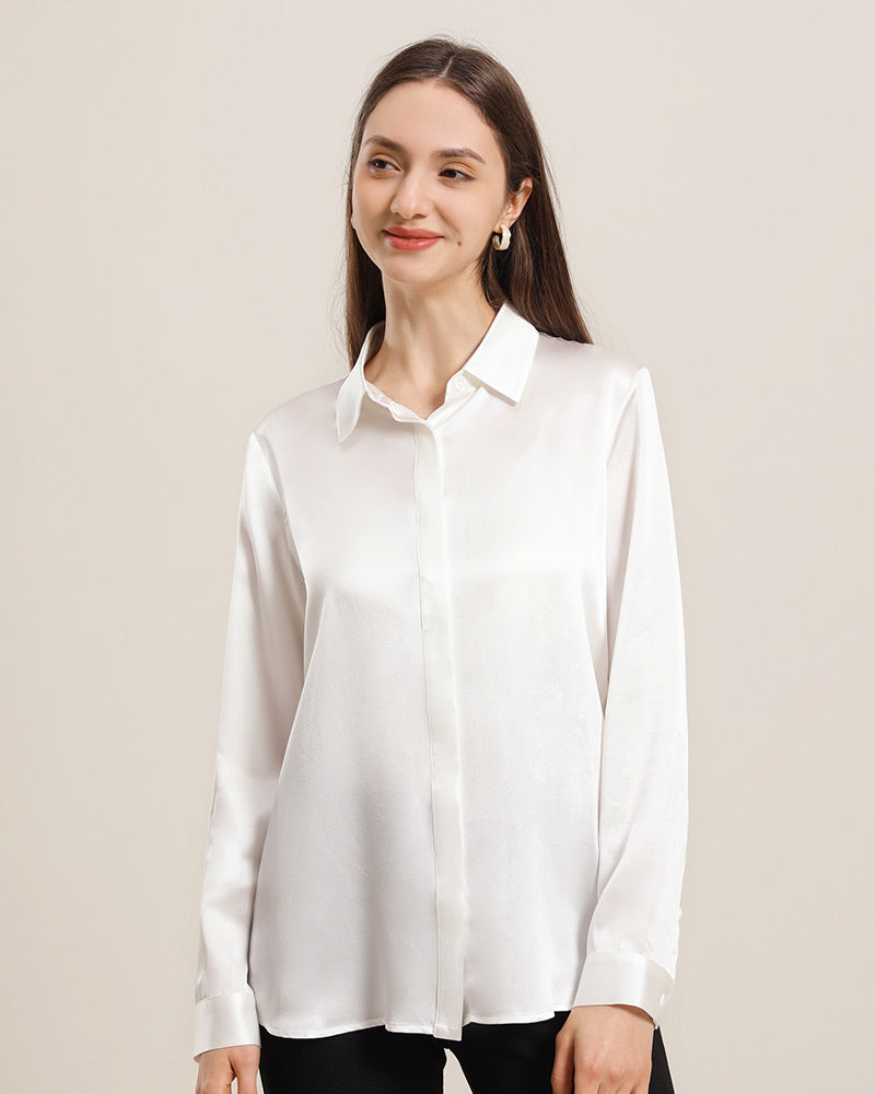 Chemise en Soie 22 Momme avec Boutons Cachés pour Femme Ivory